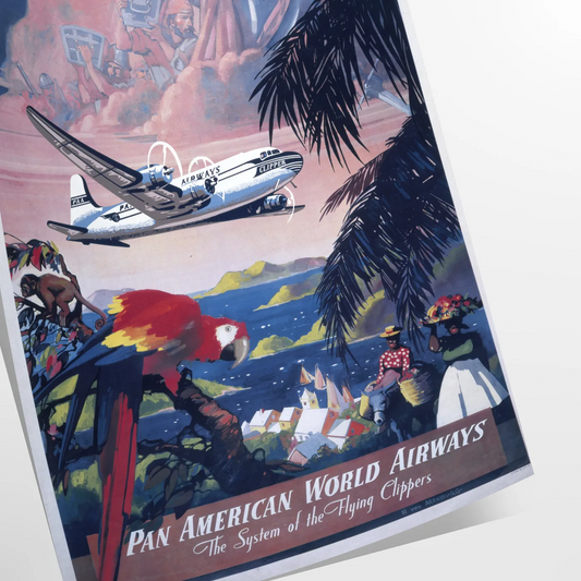 vibrant charm Caribbean American World Airways captivating travel art poster lush greens tranquil blues perfect wall unique gift space stunning artwork available