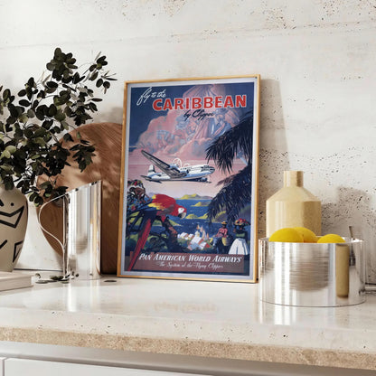 vibrant charm Caribbean American World Airways captivating travel art poster lush greens tranquil blues perfect wall unique gift space stunning artwork available